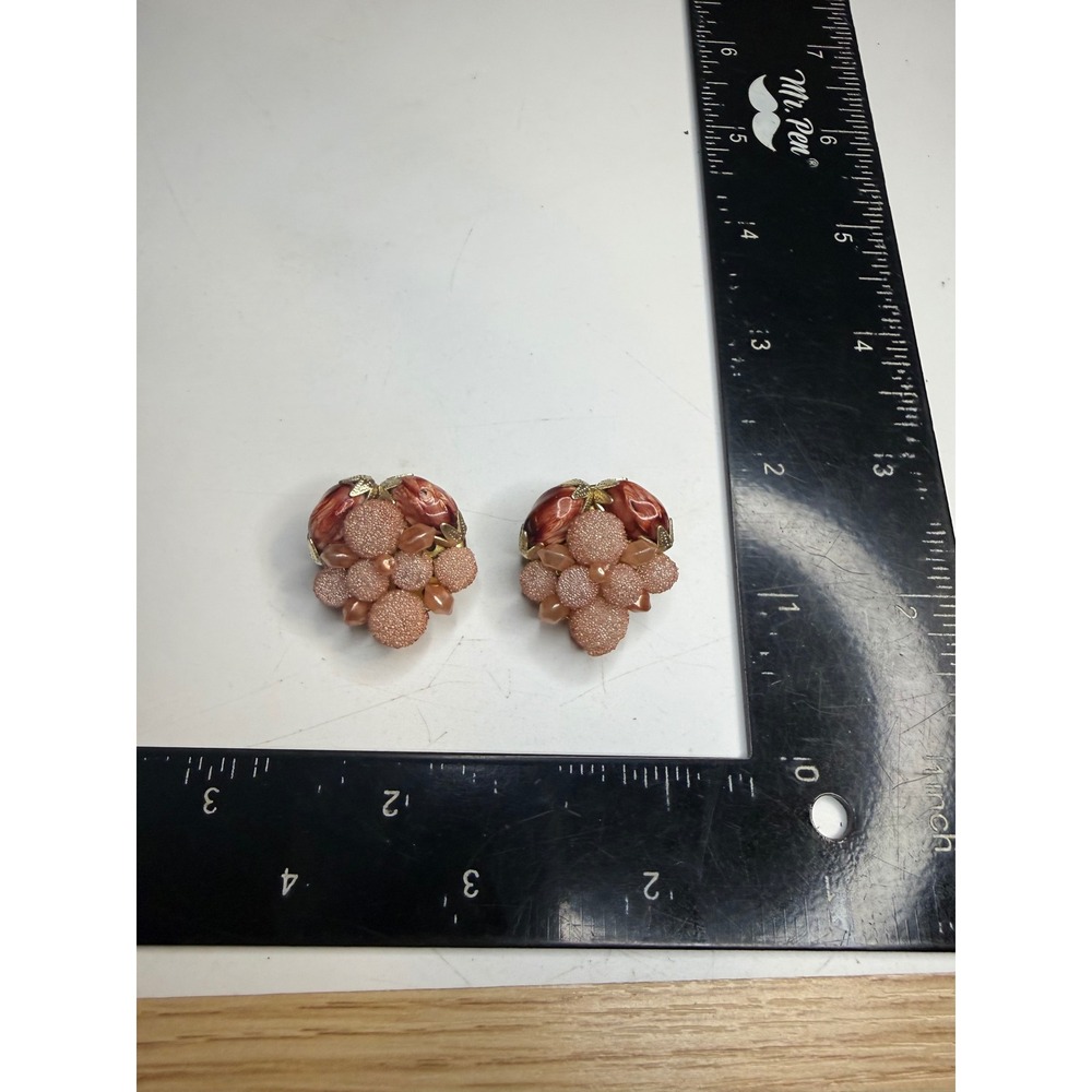 Vintage Hong Kong Peach Sugar Bead Cluster Clip On Earrings Marbled Acrylic